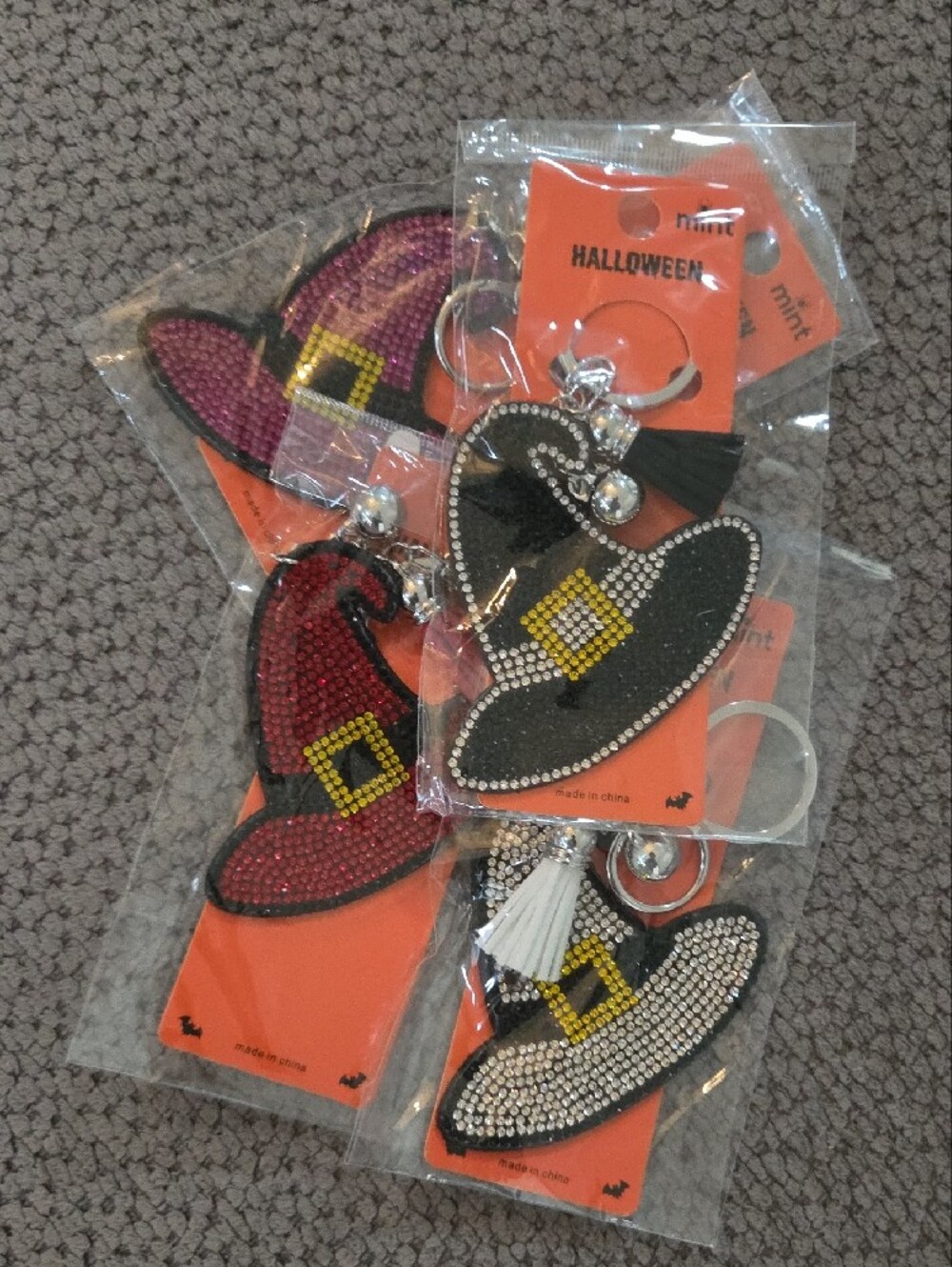 Witch Hat Keychains in Red,purple, Pink & Black with Tassel Charms